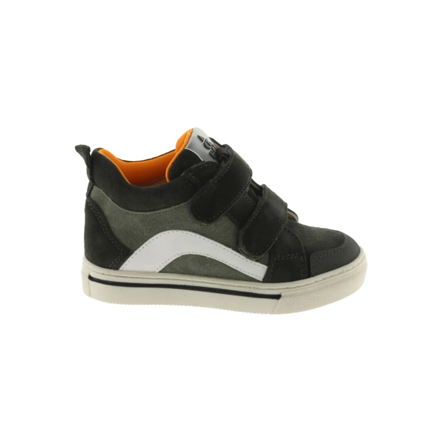 Acebos mid-top suede sneakers for boys in khaki green featuring double velcro straps and a vibrant orange lining. Official B2B collection preview via Moda Vostra agency.