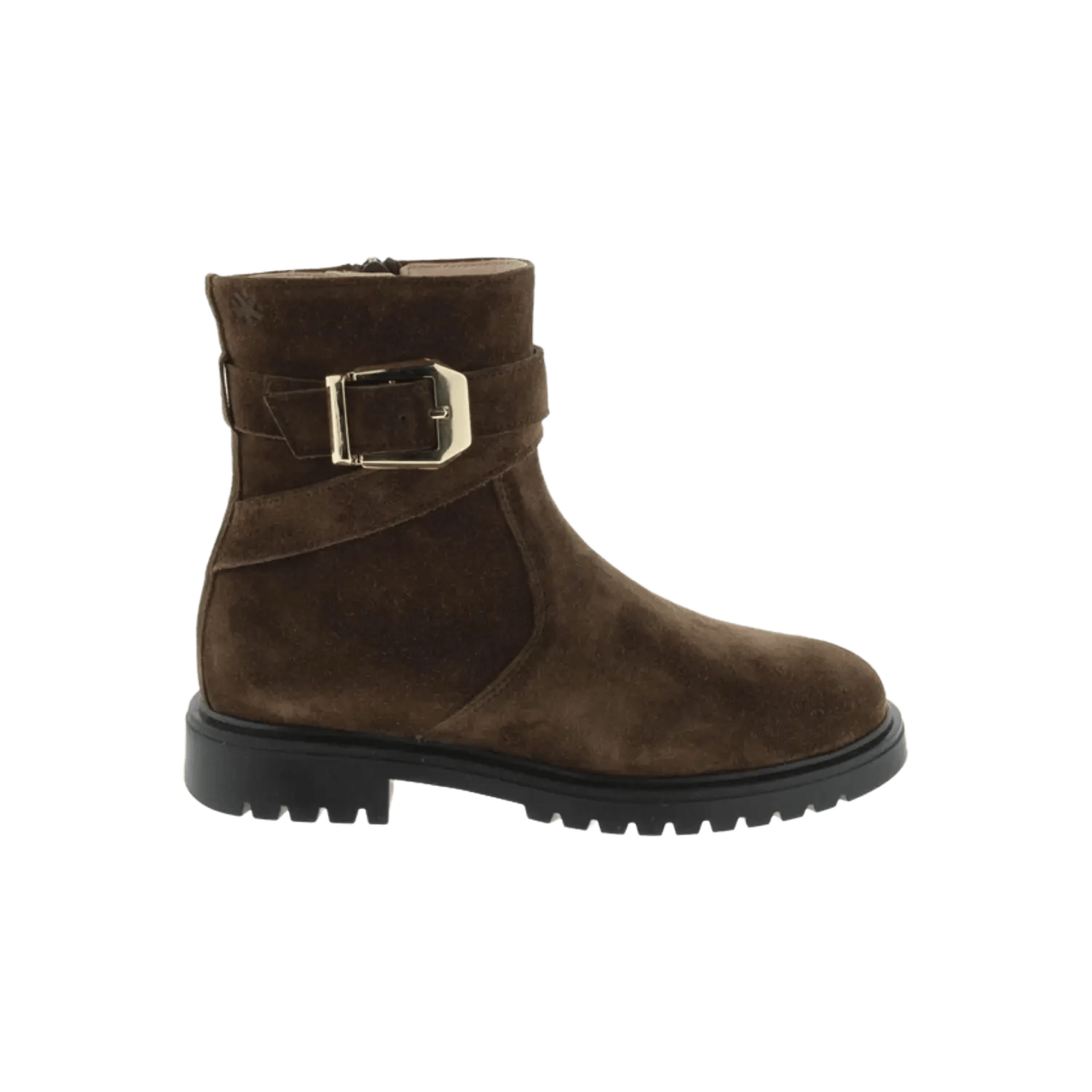 Acebos dark brown suede ankle boots for girls featuring a decorative gold buckle and a chunky rubber sole. Official B2B collection preview via Moda Vostra agency.