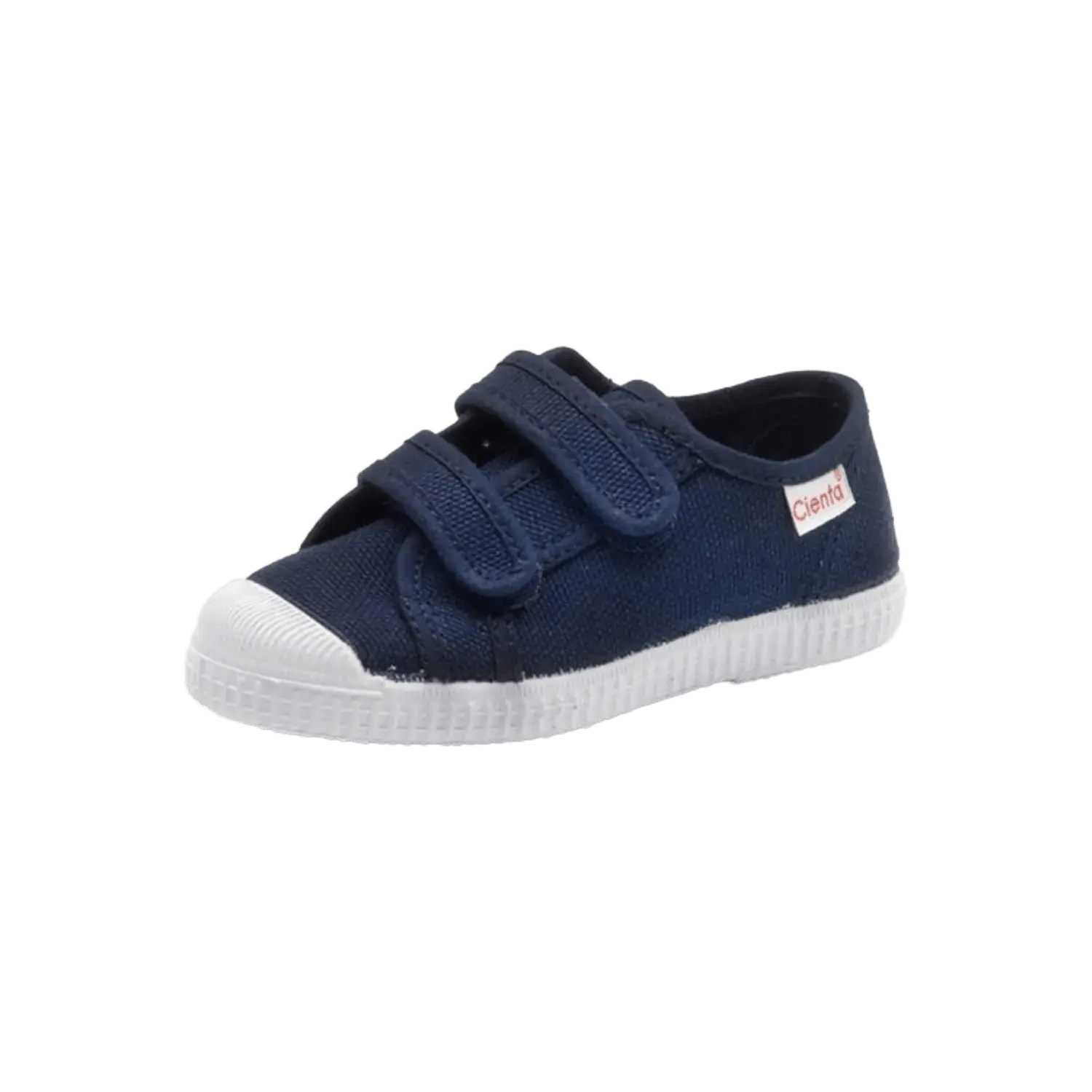 Cienta low-top canvas sneakers for kids in navy blue featuring double velcro straps and a durable white rubber toecap. Official B2B collection preview via Moda Vostra agency.
