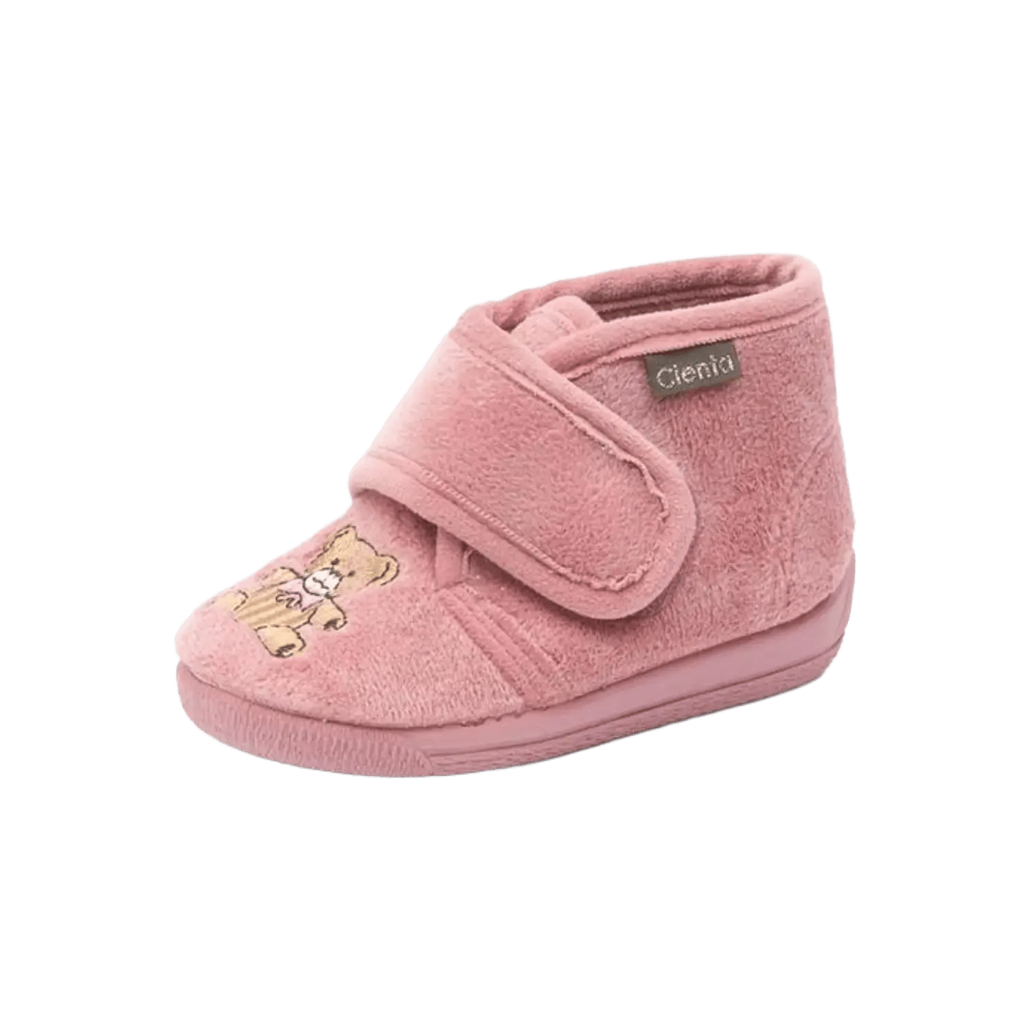 Cienta high-top textile slippers for toddlers in muted blush featuring a cute bear embroidery and a wide velcro strap for a secure fit. Official B2B collection preview via Moda Vostra agency.
