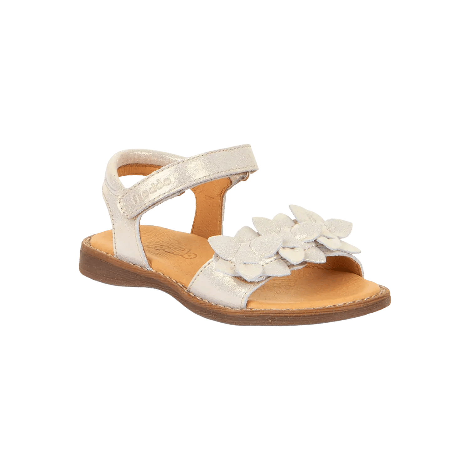 Froddo elegant leather sandals for girls in gold shine, featuring decorative flower appliqués and a cushioned anatomical footbed. Official B2B collection preview via Moda Vostra agency.