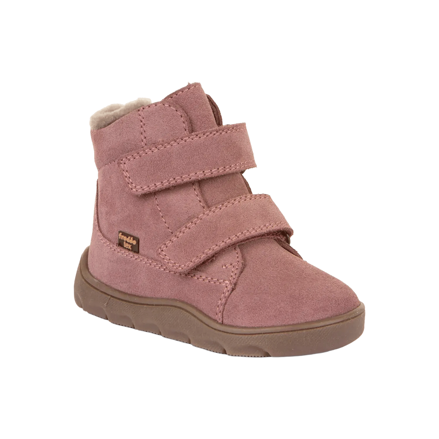 Froddo barefoot winter boots for girls in soft pink leather, fur-lined for maximum warmth and featuring a zero-drop sole. Official B2B collection preview via Moda Vostra agency.