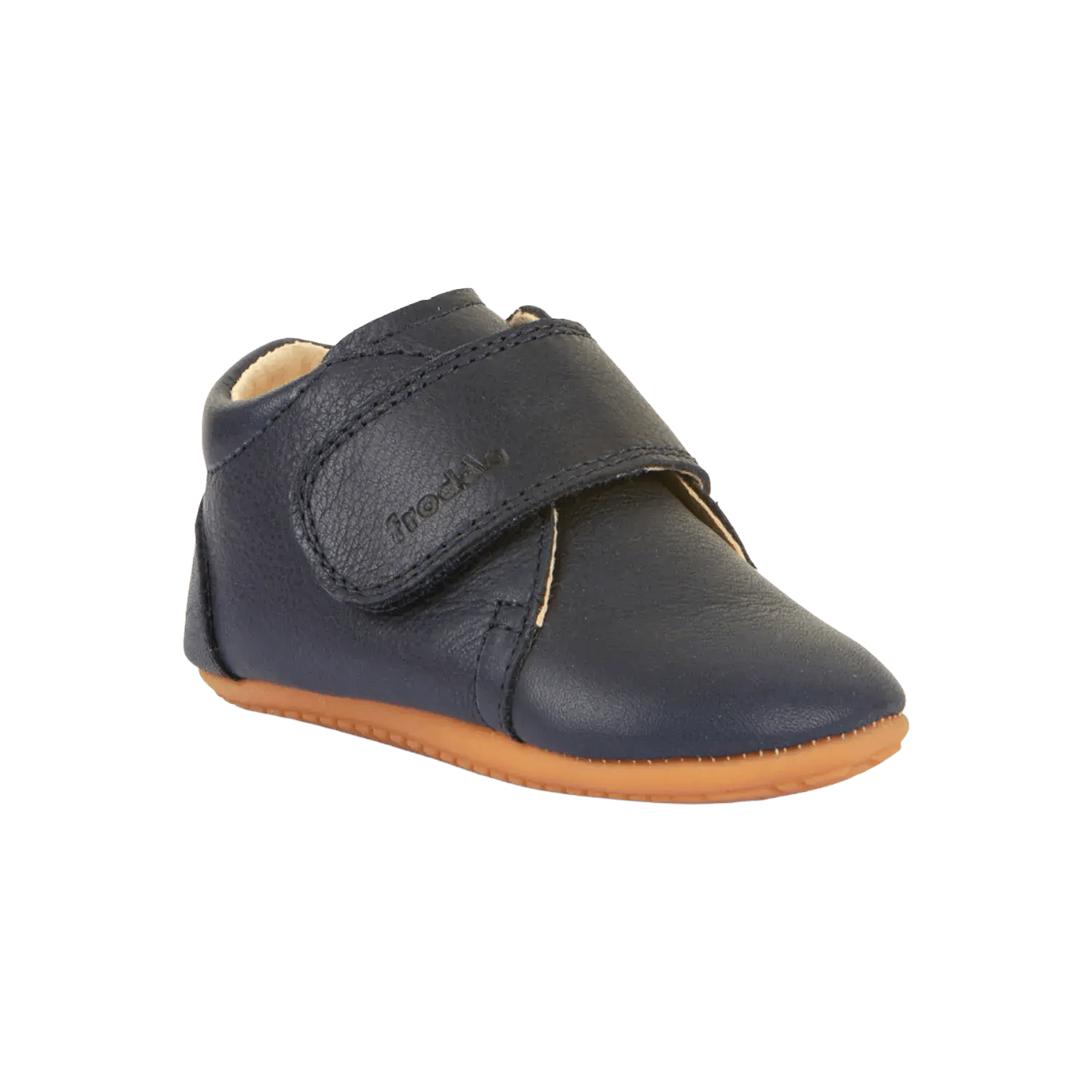 Froddo premium leather pre-walker shoes for infants in navy blue, featuring a flexible sole for natural foot development. Official B2B collection preview via Moda Vostra agency.