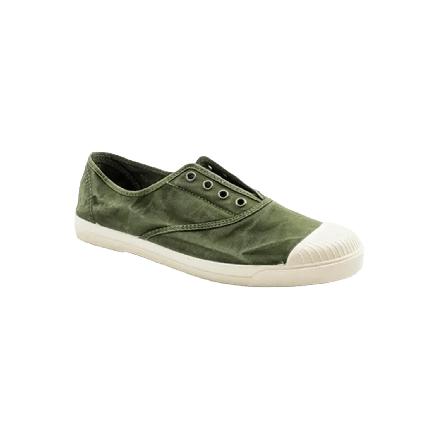 Natural World men's organic canvas sneakers in khaki green, featuring a white natural rubber toecap and a sustainable finish. Official B2B collection preview via Moda Vostra agency.