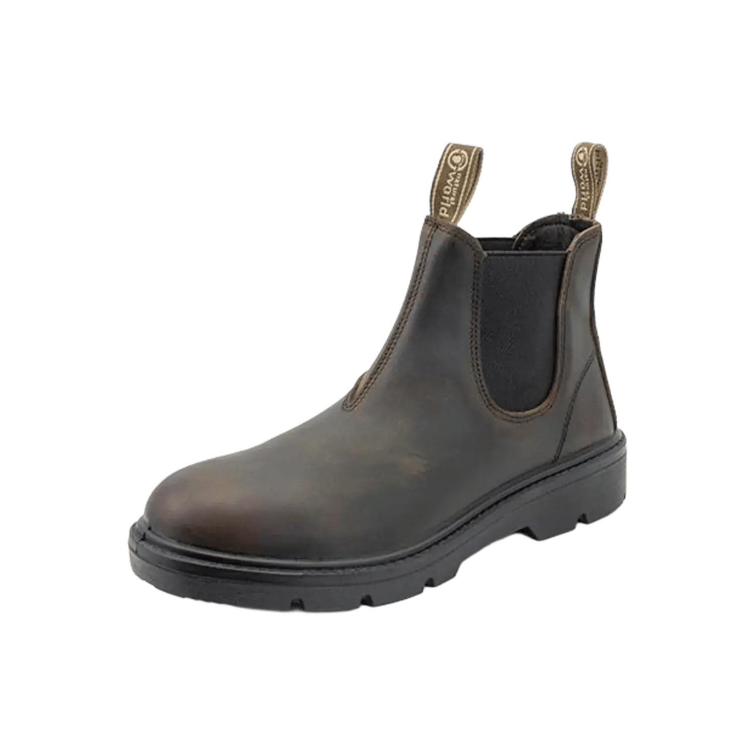 Natural World unisex leather Chelsea boots in dark brown, featuring elastic side panels and a durable sustainable outsole. Official B2B collection preview via Moda Vostra agency.