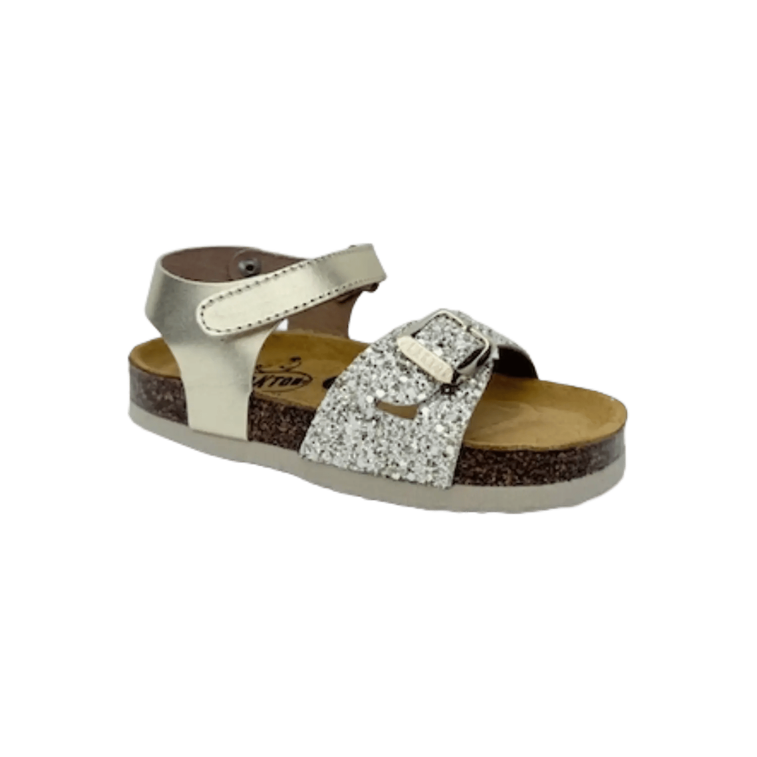 Plakton girls' leather sandals with a gold and white glitter finish, featuring a convenient velcro closure and comfort cork sole. Official B2B collection preview via Moda Vostra agency.