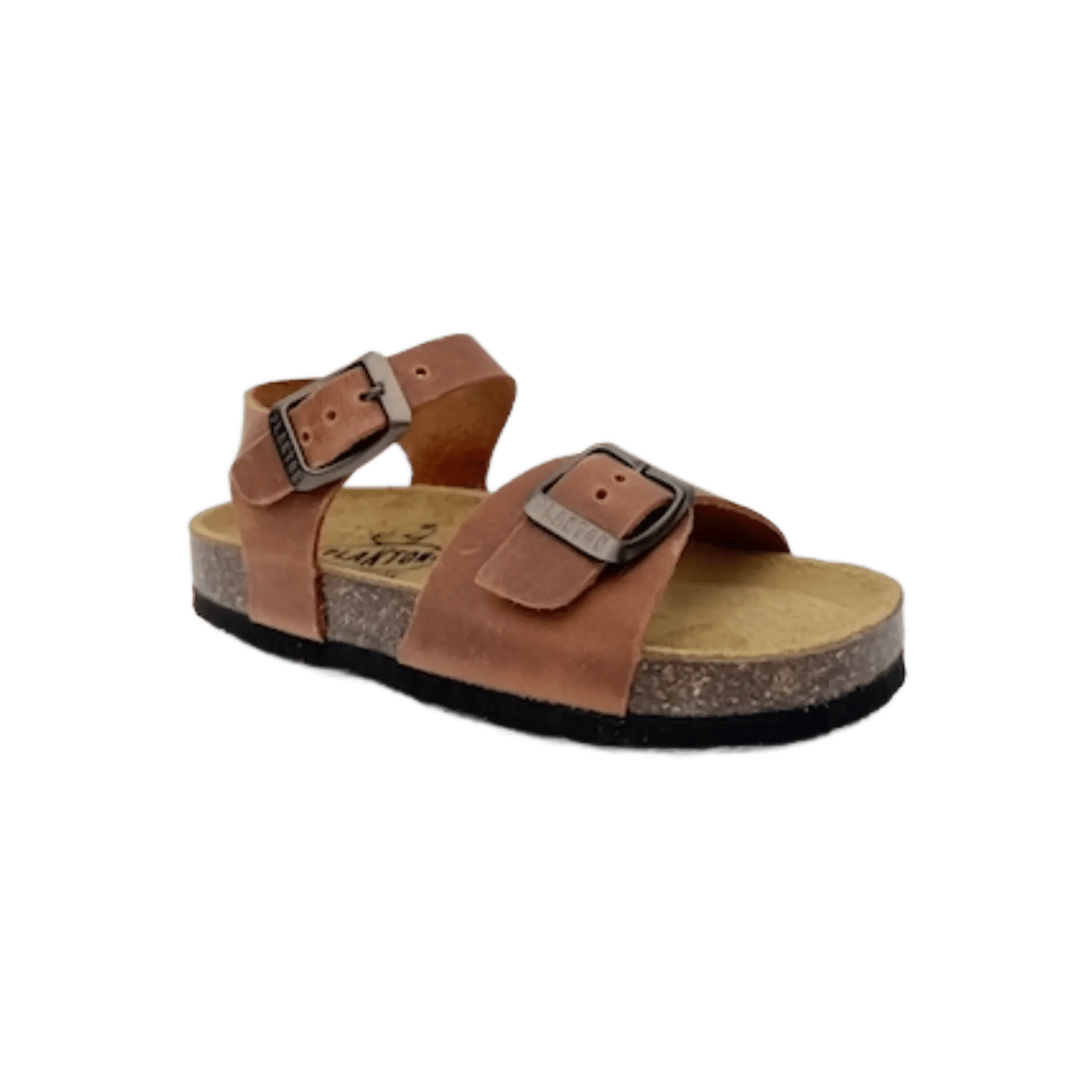 Plakton kids' ergonomic leather sandals in brown, featuring a natural cork footbed and adjustable buckle straps. Official B2B collection preview via Moda Vostra agency.