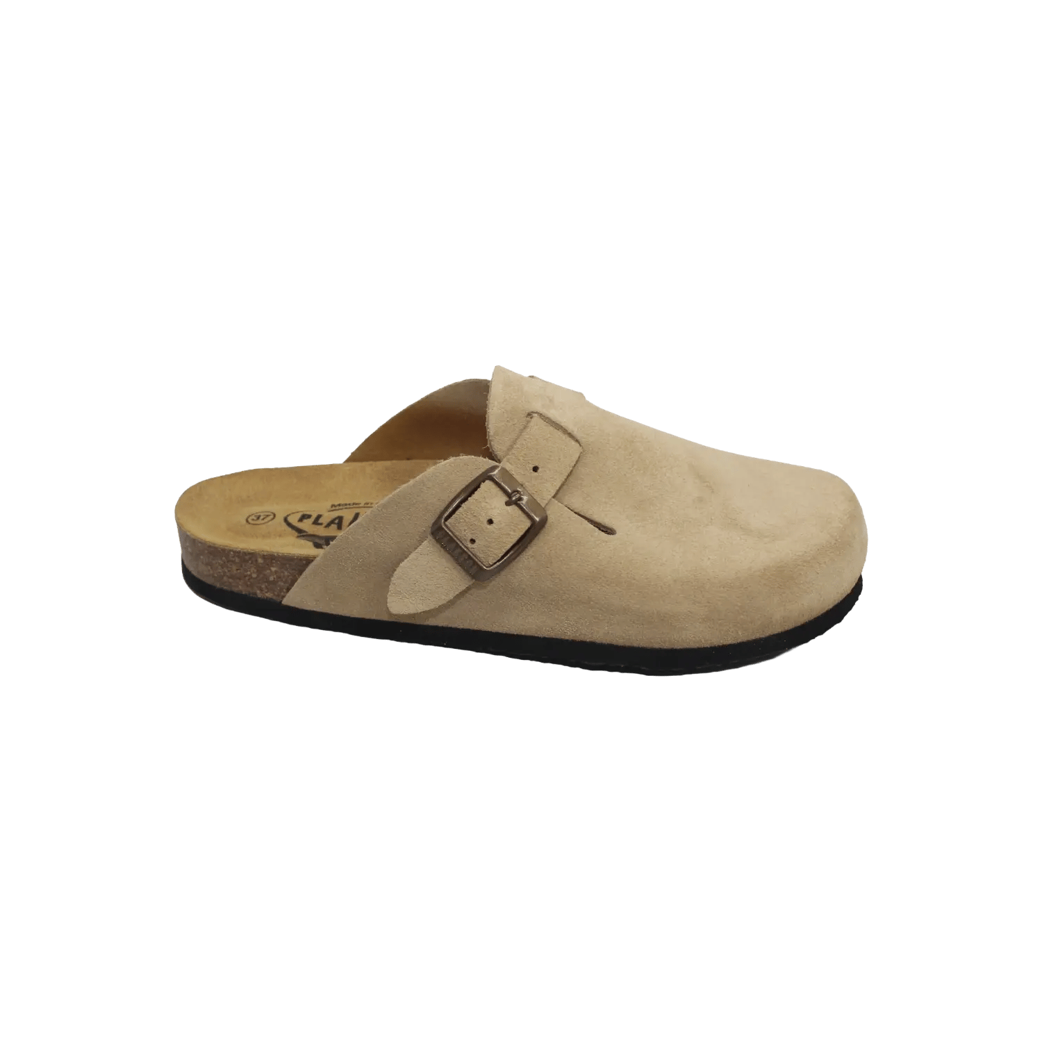 Plakton unisex premium suede clogs in sand beige, featuring an anatomical cork footbed for superior comfort and support. Official B2B collection preview via Moda Vostra agency.