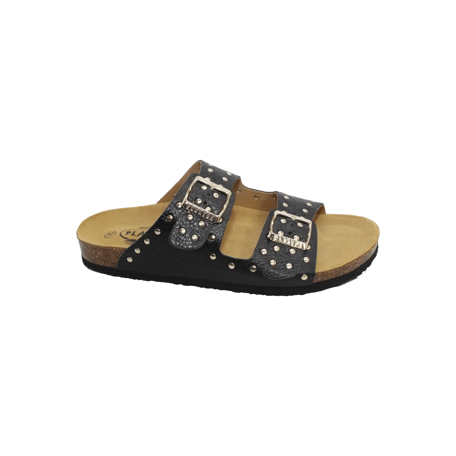 Plakton women's leather slippers in black featuring decorative silver stud details and a supportive contoured cork footbed. Official B2B collection preview via Moda Vostra agency.