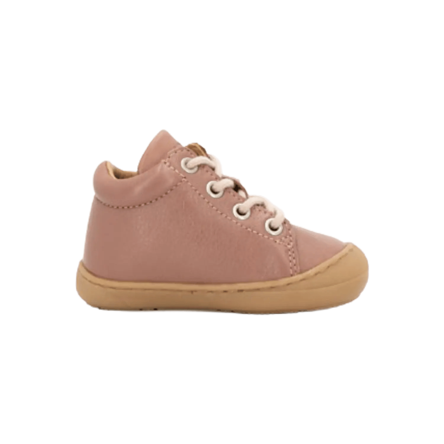 Tel Yoh premium leather first-step shoes for infants in old rose, featuring a flexible rubber sole and tonal cotton laces. Official B2B collection preview via Moda Vostra agency.