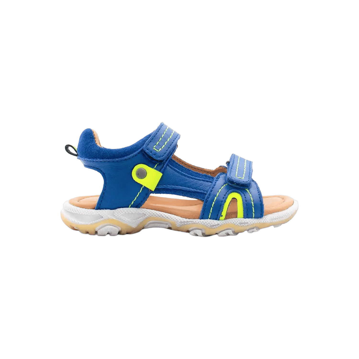 Tel Yoh sporty leather sandals for kids in vibrant blue with neon yellow accents and velcro straps for a secure fit. Official B2B collection preview via Moda Vostra agency.