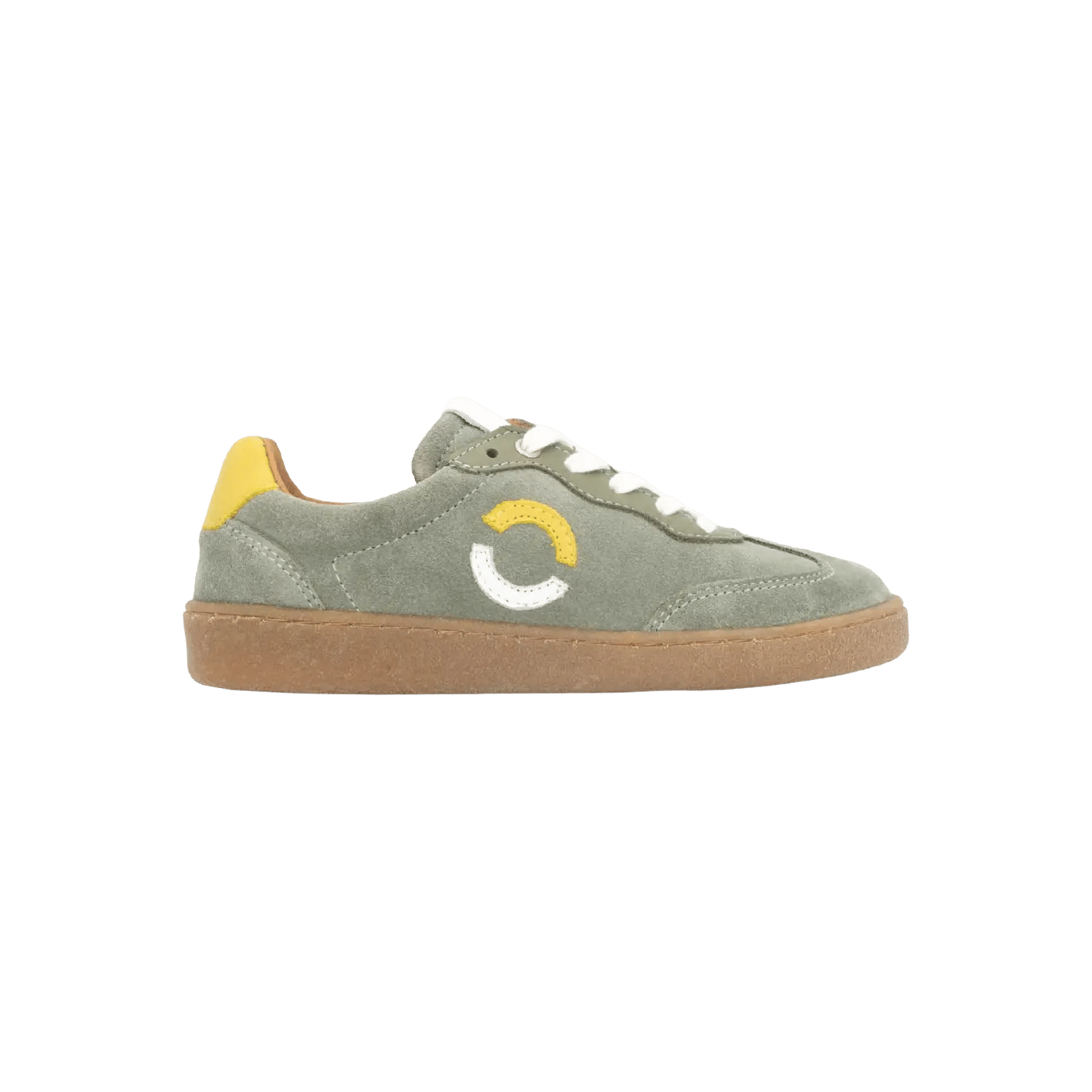 Tel Yoh low-top suede sneakers for kids in khaki green featuring a signature side logo and a durable natural rubber sole. Official B2B collection preview via Moda Vostra agency.